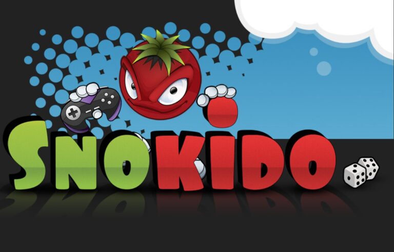 The image features a stylized graphic with the word “SNOKIDO” in large, colorful letters at the bottom. Above the text, there is a cartoonish red character resembling a strawberry with eyes, mouth, and limbs. This character is holding a black video game controller in one hand and making a fist with the other hand as if showing excitement or readiness to play. To the right of this character, there are two white dice. The background consists of a dark gradient sky with blue halftone dots on the left side and cloud shapes on the right side. This image appears to be related to gaming or entertainment, possibly representing an online gaming platform or community named “SNOKIDO.” The combination of gaming elements like the controller and dice with a playful fruit character makes it visually interesting and suggests a fun, casual gaming atmosphere.